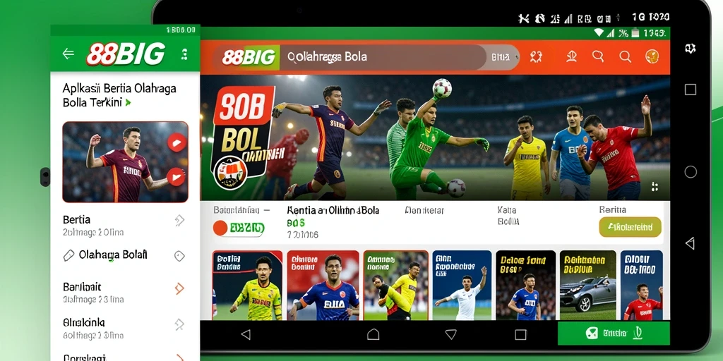 Antarmuka aplikasi 88BIG dengan berita dan statistik sepak bola.