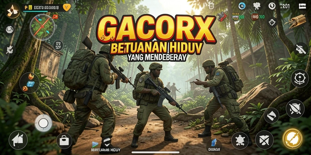 Tampilan antarmuka GACORX dengan visual yang menarik dan fungsi permainan bertahan hidup.