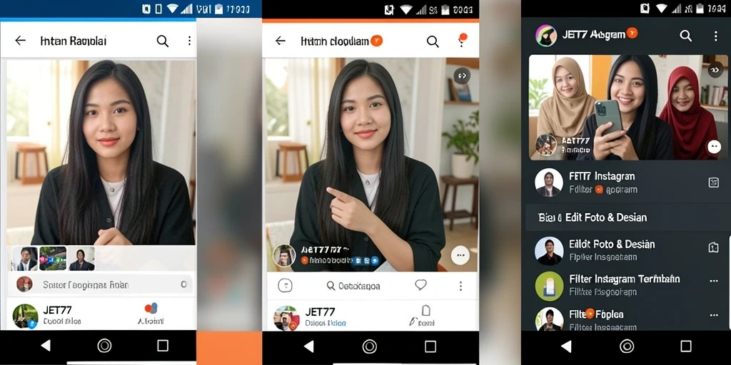 Tampilan antarmuka JET77 dengan efek filter Instagram yang menarik.